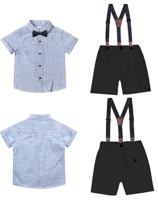 Toddler Boys Bow Tie Short Sleeve Striped 100% Washed Linen Shirt & Suspender Shorts