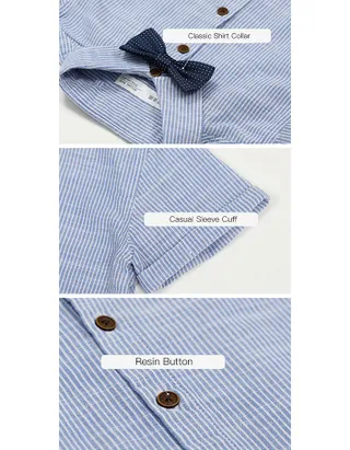 Toddler Boys Bow Tie Short Sleeve Striped 100% Washed Linen Shirt & Suspender Shorts