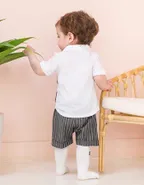 Baby Boy Bow Front Button Shirt & Striped Print Vest & Pants