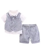 Baby Boy Bow Front Button Shirt & Striped Print Vest & Pants
