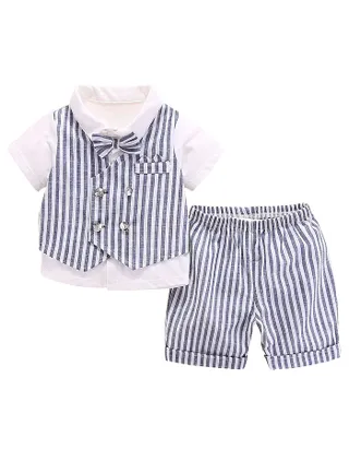 Baby Boy Bow Front Button Shirt & Striped Print Vest & Pants