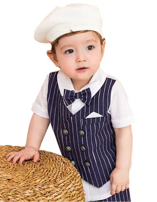 Baby Boy Bow Front Button Shirt & Striped Print Vest & Pants