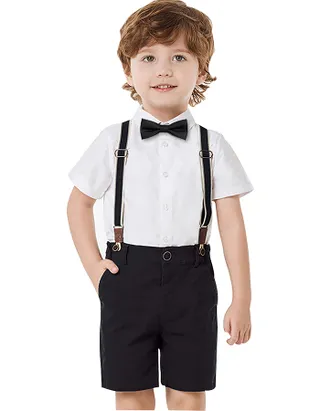 Toddler Boys Bow Tie Short Sleeve 100% Cotton Shirt & Suspender Shorts