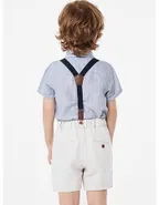 Toddler Boys Bow Tie Short Sleeve Striped 100% Washed Linen Shirt & Suspender Shorts