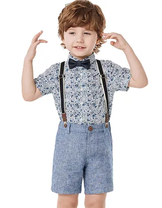 Toddler Boys Bow Tie Short Sleeve Floral Printed Linen Cotton Shirt & Suspender Shorts
