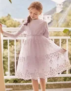 Allovin Junior Girl Long Sleeve Lace Sundress Decorated Knitted Sweater Tulle Dress