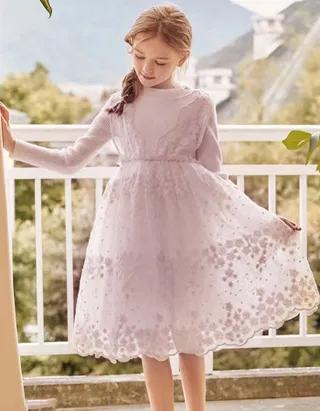 Allovin Junior Girl Long Sleeve Lace Sundress Decorated Knitted Sweater Tulle Dress