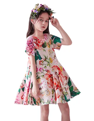 Toddler Girl Short Sleeve Casual Floral Printed Holiday Dress