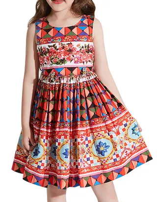 Allovin Little Girl Sleeveless Summer Sundress Hawaii Bohemia pleated floral Dress